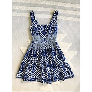 Eva Mendez Fit and Flare Cascading Ikat Dress
